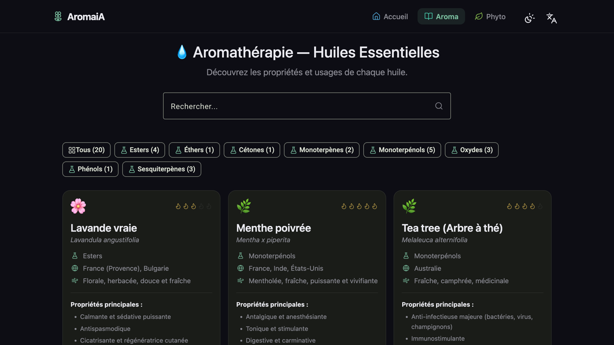 Site AromaiA — bibliothèque d'huiles essentielles